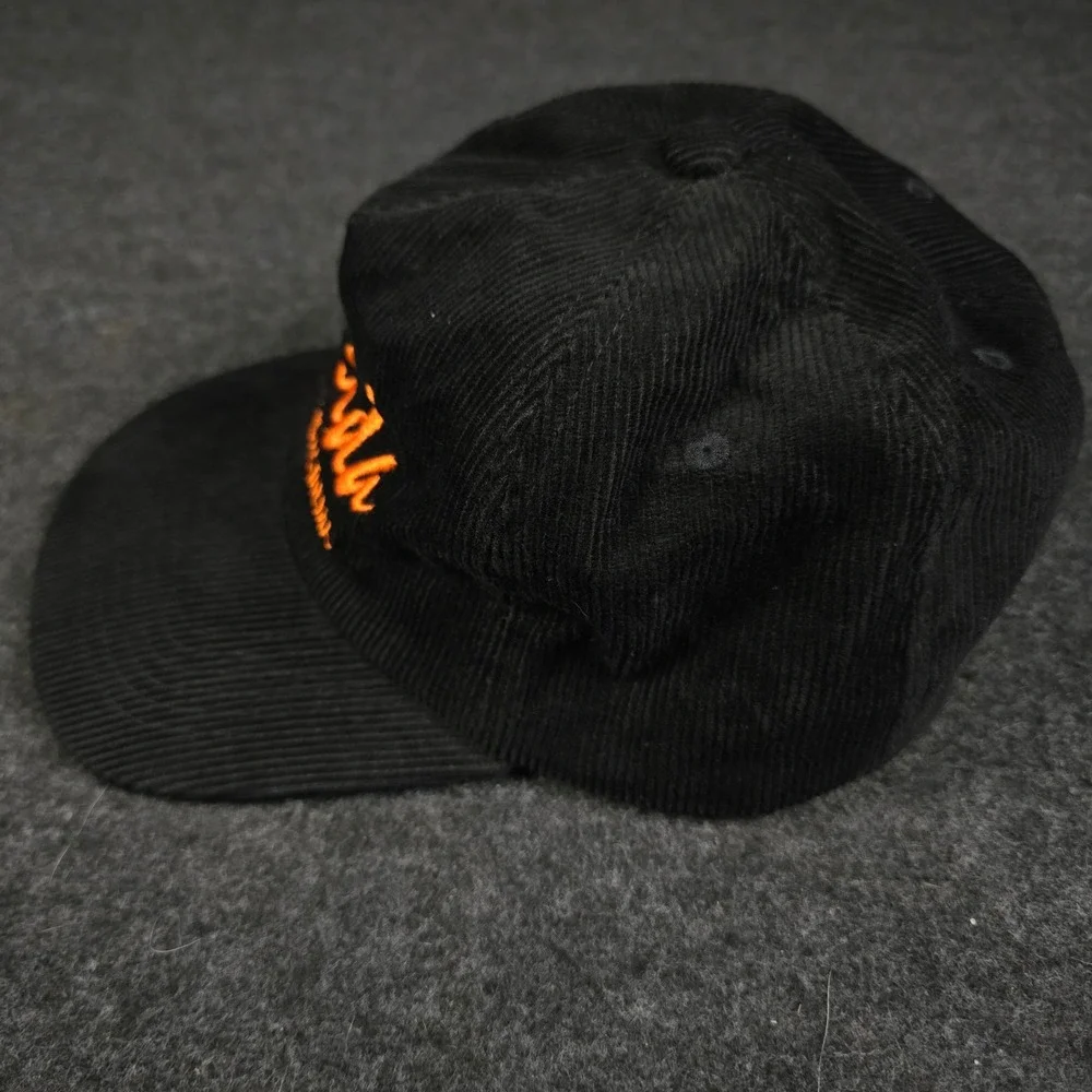 The Frida Cinema Black Men's Corduroy Snapback Hat Retro Orange Script Logo